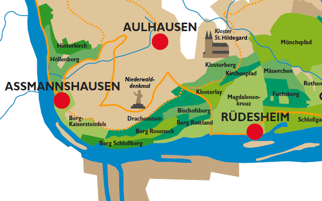 Rüdesheimer Weinlagen mit Blick auf den Rhein